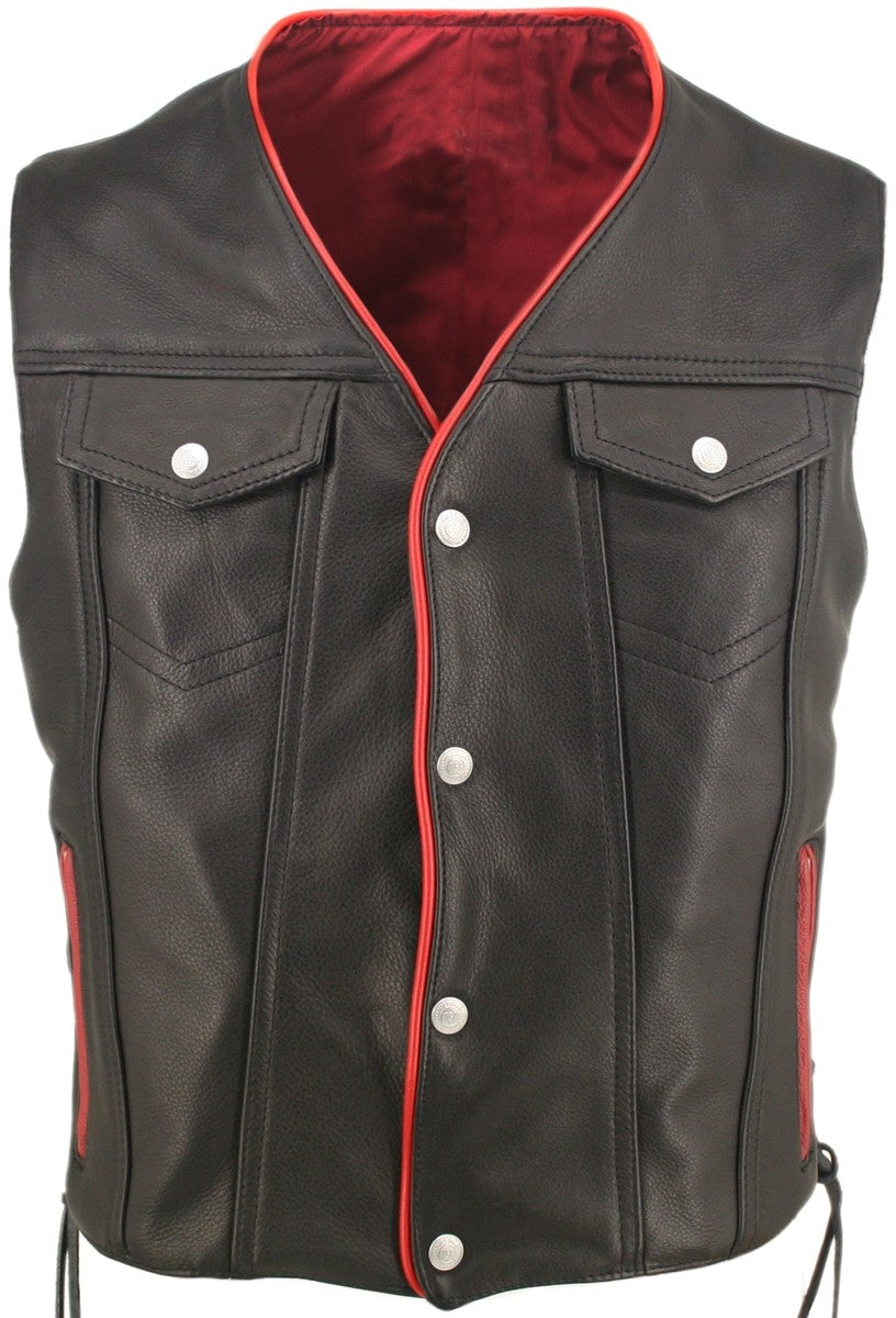 Gilet Biker Boléro en Cuir Noir Intérieur Rouge pour Homme