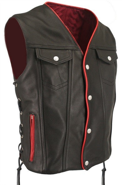 Gilet Biker Boléro en Cuir Noir Intérieur Rouge pour Homme