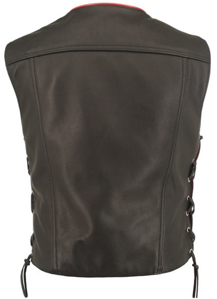 Gilet Biker Boléro en Cuir Noir Intérieur Rouge pour Homme