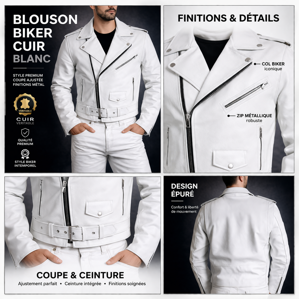 Blouson Moto Homme Style Perfecto Blanc