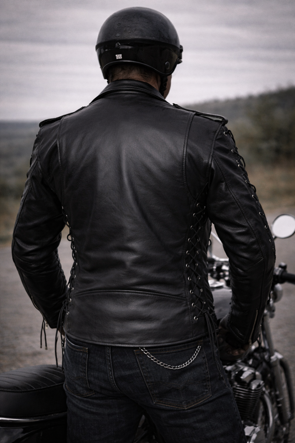 Blouson Moto Homme Style Perfecto Noir Avec Lacets