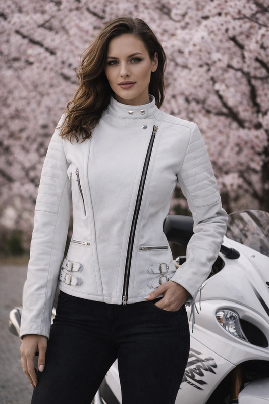 Blouson Moto Femme Style Perfecto Blanc