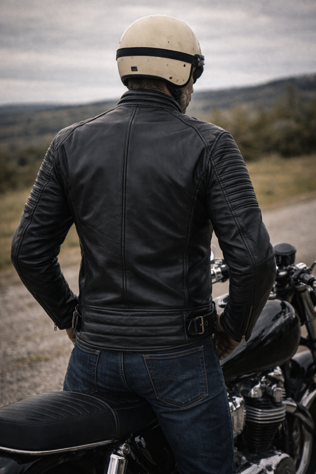 Blouson Moto Rétro Vintage  Homme en Cuir Noir