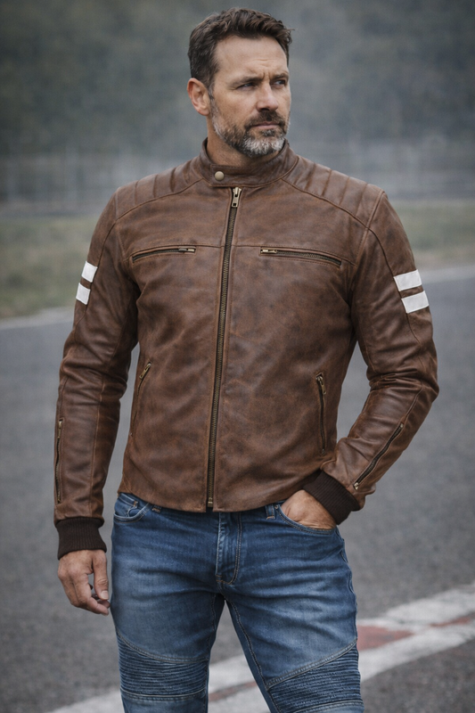 Blouson Moto Homme Marron VINTAGE en Cuir