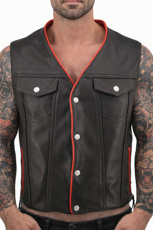 Gilet Biker Boléro en Cuir Noir Intérieur Rouge pour Homme