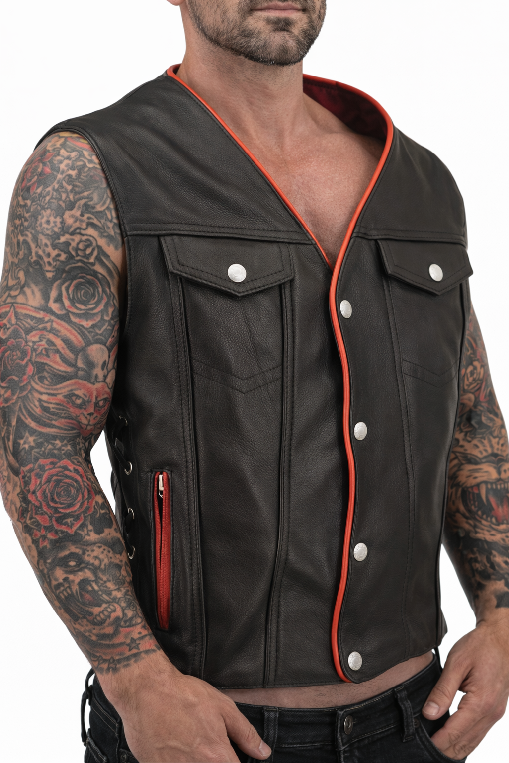 Gilet Biker Boléro en Cuir Noir Intérieur Rouge pour Homme