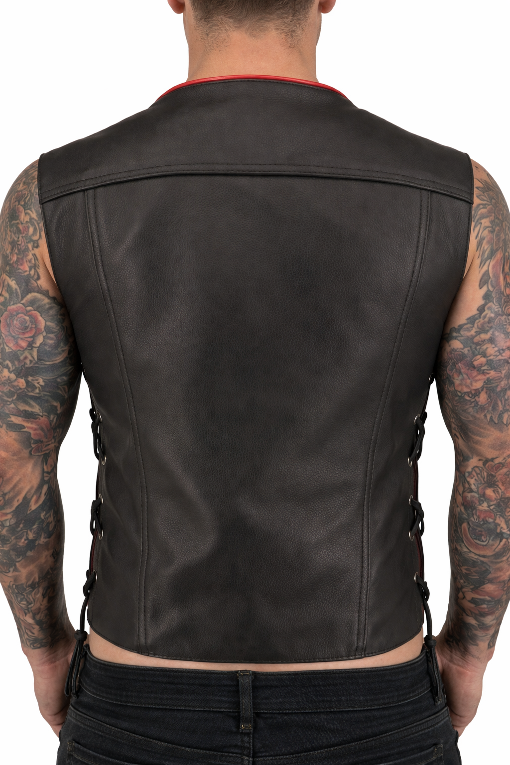 Gilet Biker Boléro en Cuir Noir Intérieur Rouge pour Homme