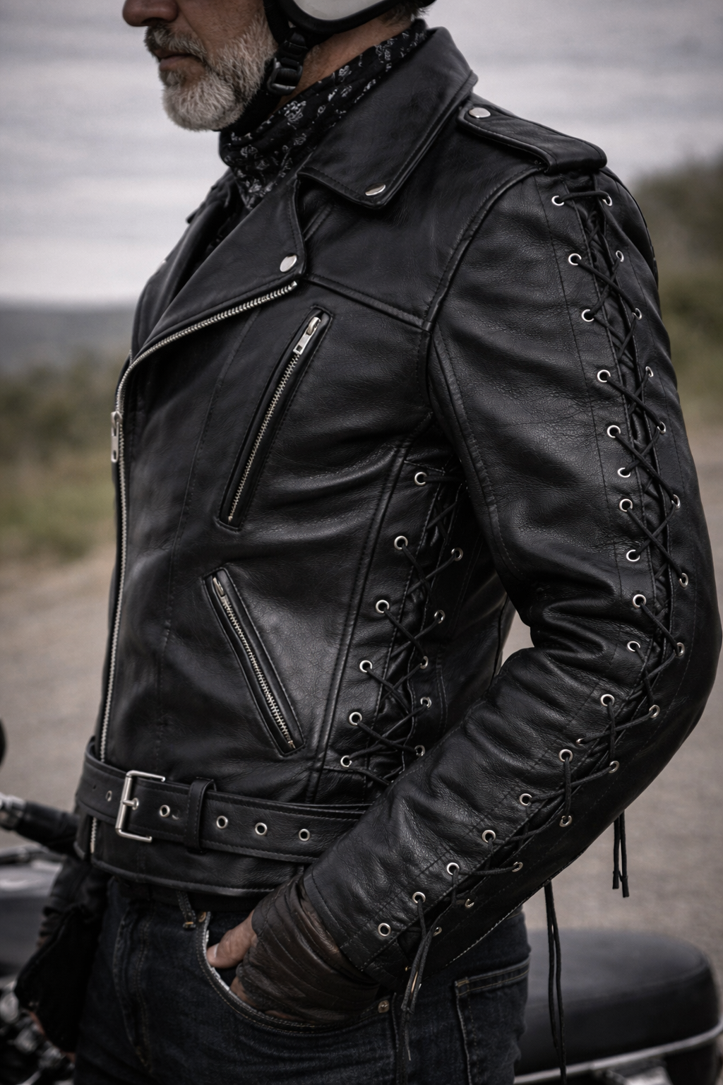 Blouson Moto Homme Style Perfecto Noir Avec Lacets