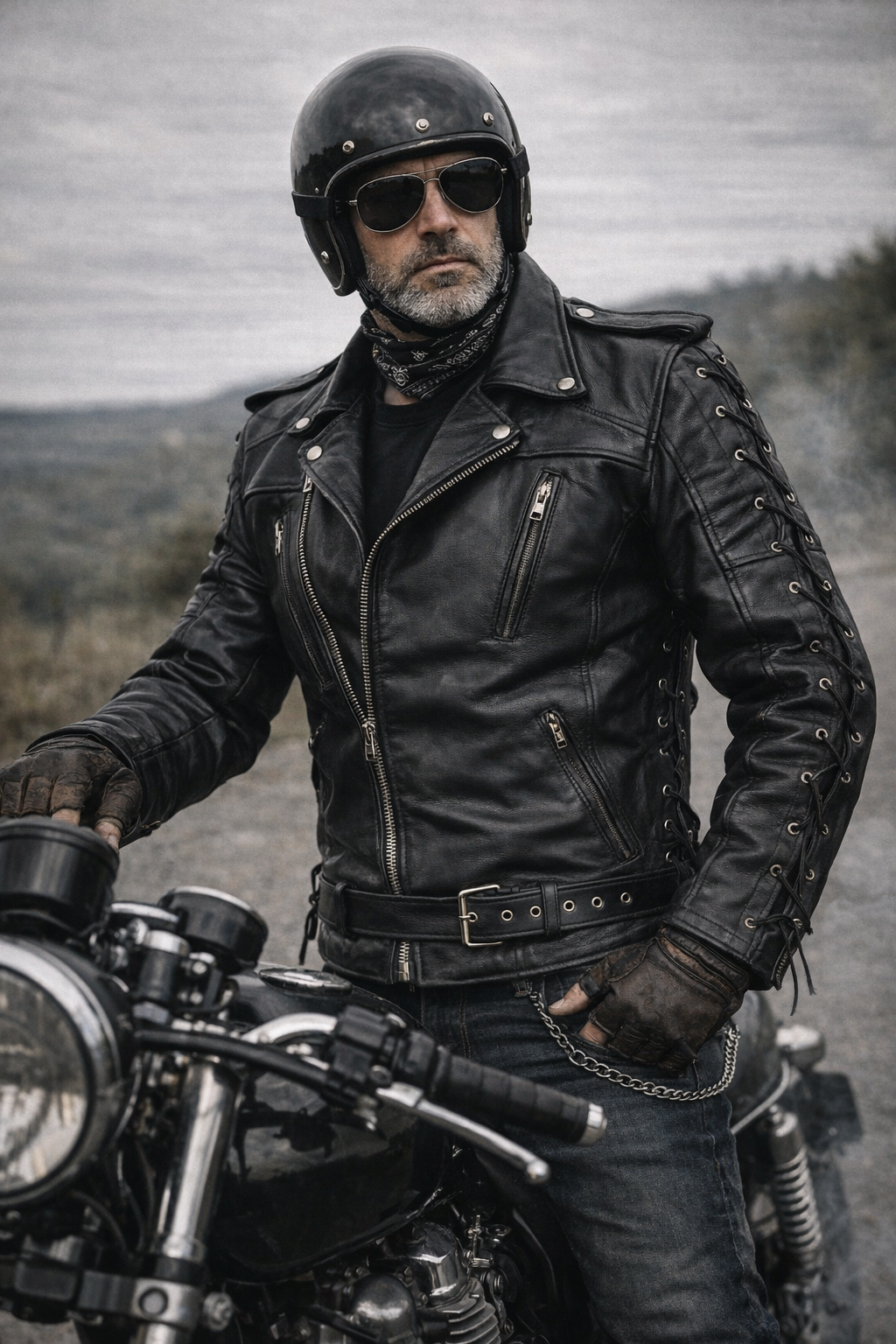Blouson Moto Homme Style Perfecto Noir Avec Lacets