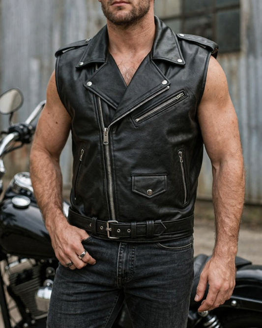 Blouson Moto Homme Style Perfecto Sans Manches Noir