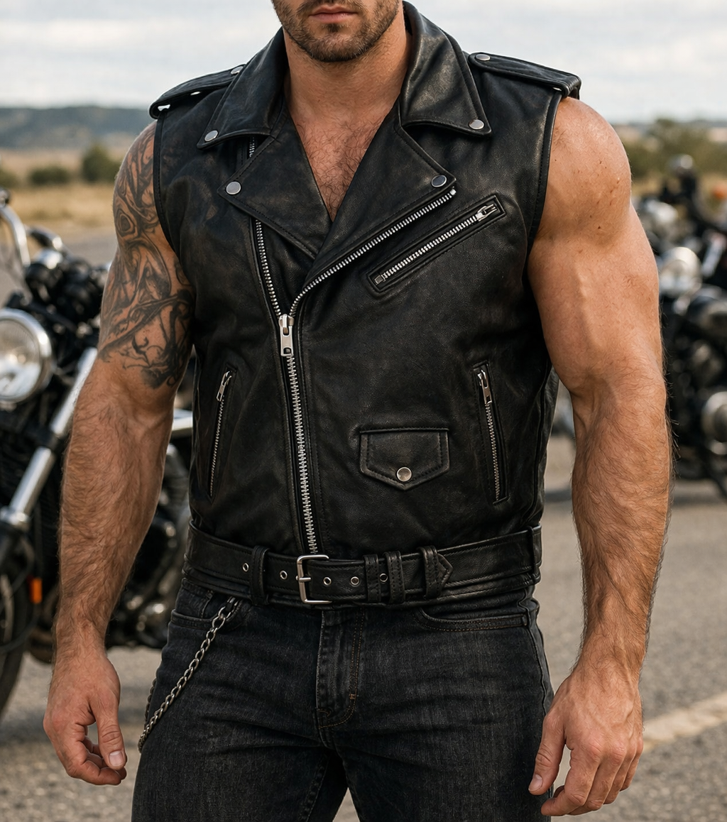 Blouson Moto Homme Style Perfecto Sans Manches Noir