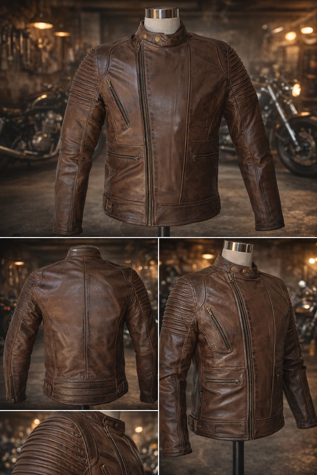 Blouson Moto Rétro Vintage Marron Homme en Cuir