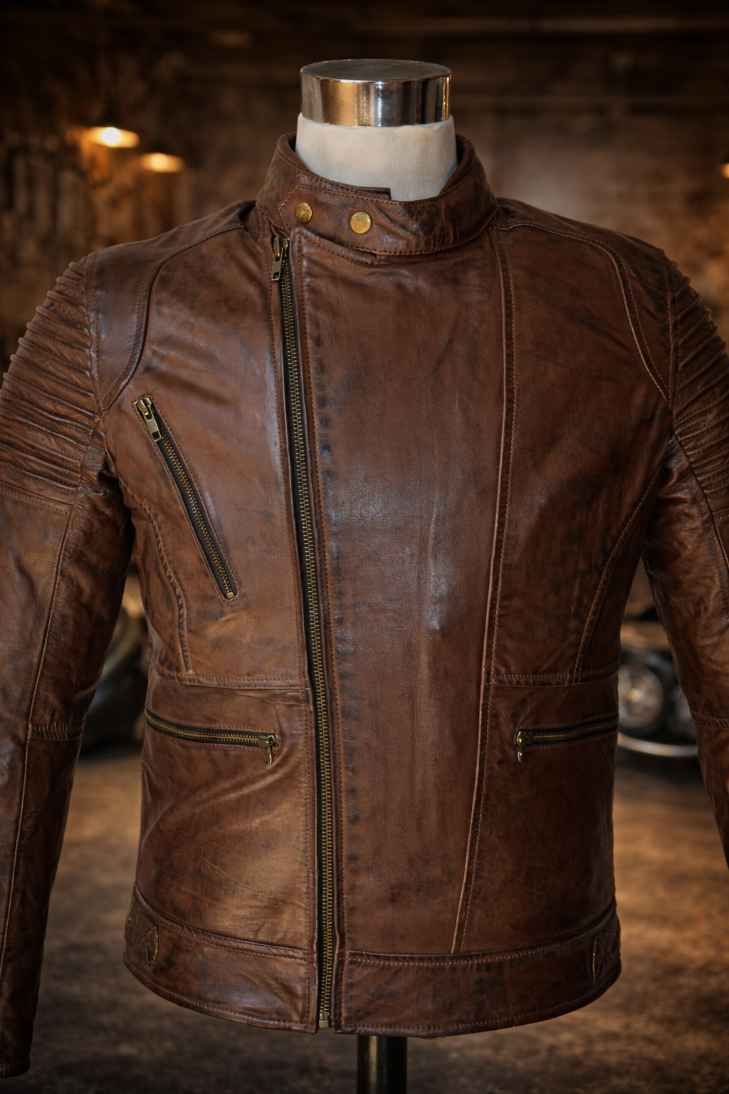 Blouson Moto Rétro Vintage Marron Homme en Cuir