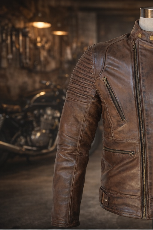 Blouson Moto Rétro Vintage Marron Homme en Cuir
