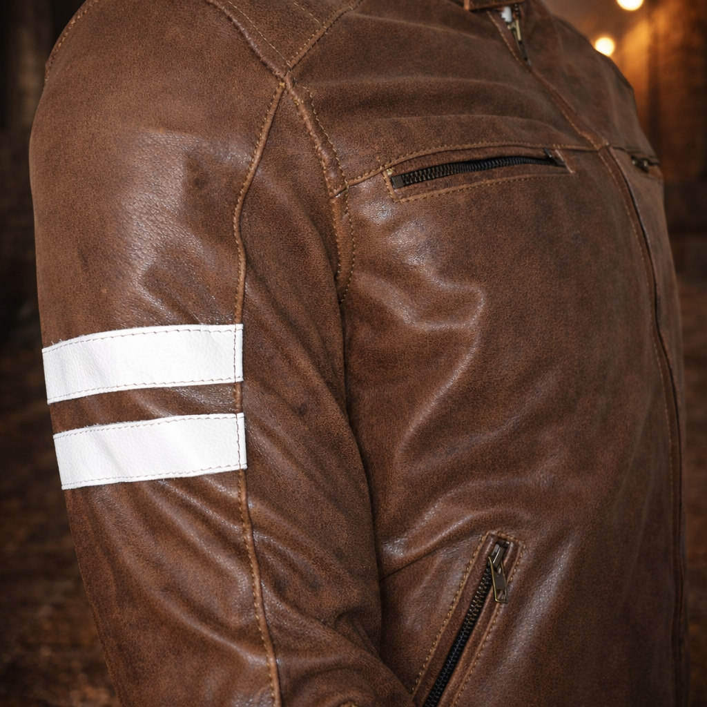 Blouson Moto Homme Marron VINTAGE en Cuir